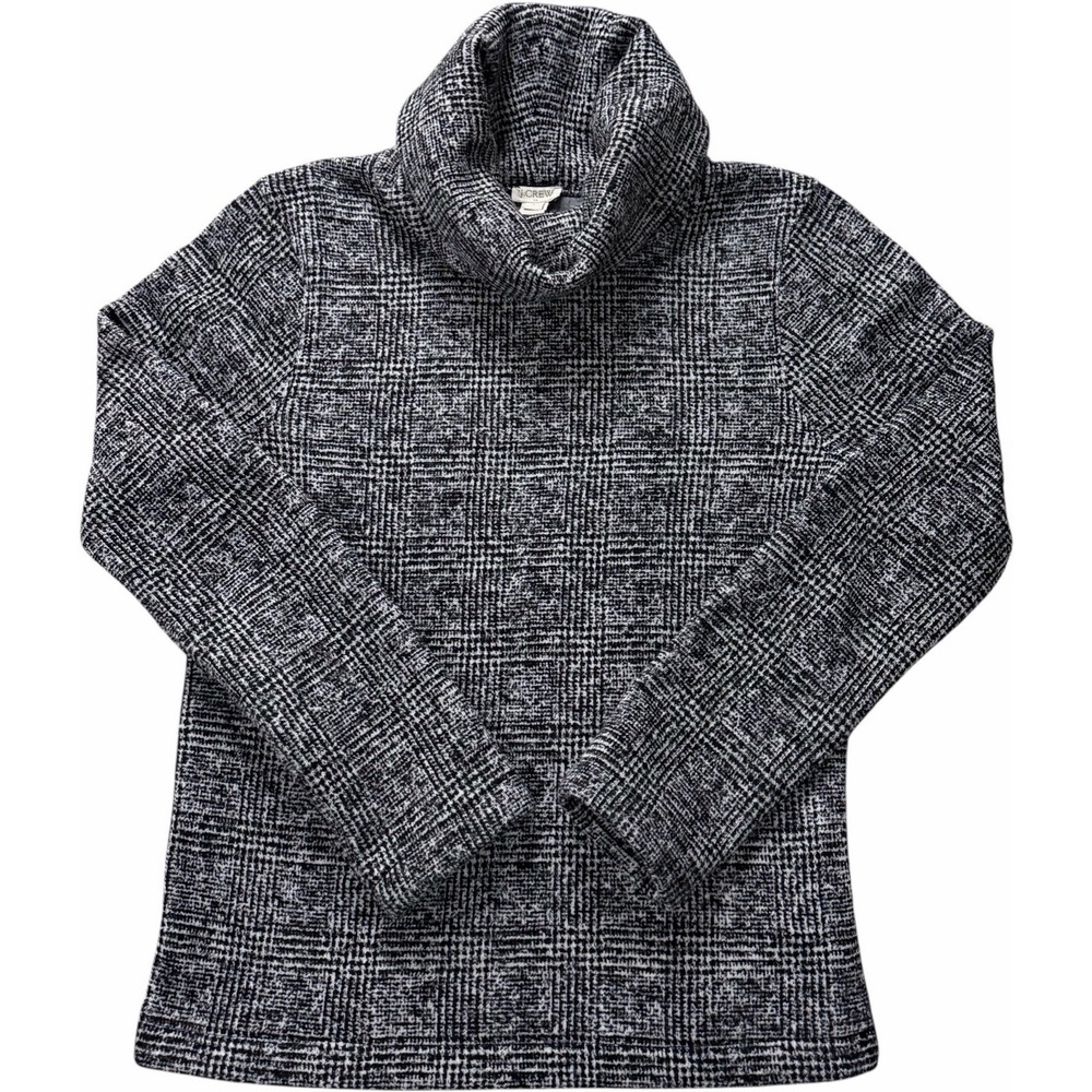 J Crew Glen Plaid Funnel Neck Pullover Sweater Black White Fleece‎ Size Small
